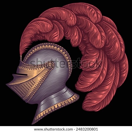 
Medieval knight's helmet with a plume. Editable hand drawn illustration. Vector vintage engraving. Isolated on black background. 8 EPS
