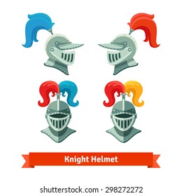 Medieval knights helmet with plume. Font and side view. Flat vector illustration isolated on white background.