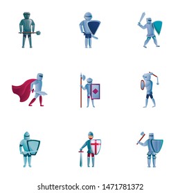 Medieval knights icon set. Cartoon set of 9 medieval knights vector icons for web design isolated on white background