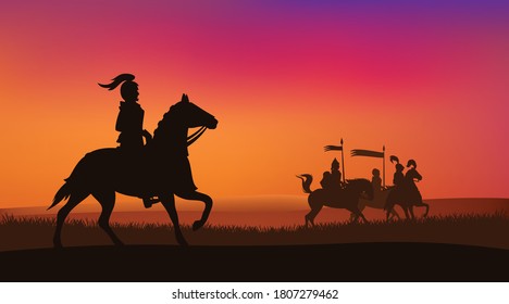 medieval knights riding horses at sunset field - vector silhouette scene of fairy tale adventure