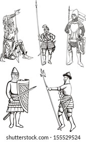 Medieval knights. Set of black and white vector illustrations.