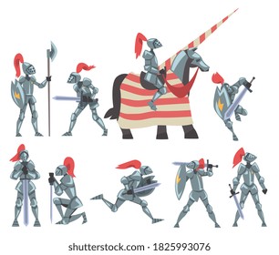 Mittelalterliches Ritterset, Chivalry-Krieger-Figuren in Full Heavy Metal Body Rüstung mit antiken Weapon-Cartoon-Stil Vektorgrafik