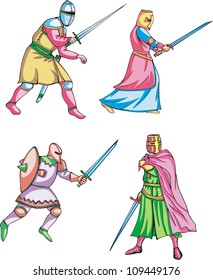 Medieval knights. Set of color vector illustrations.