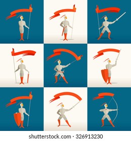 Medieval knights set with spear, sword, shield, bow and flag, banner. Vector illustration for your application or corporate identity.