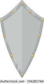 Medieval knight's shield of silver color with gold rivets, to protect the knight during the battle. vector illustration isolated on white background.