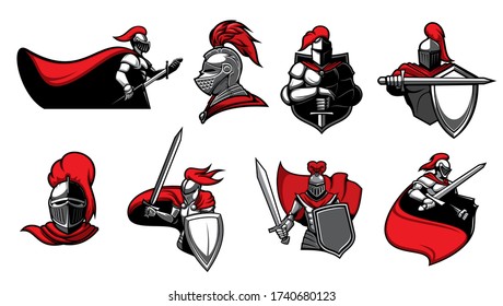Medieval knights with swords, isolated heraldic vector icons. Warriors, paladin or guards with blade in armour and cape. Heraldry symbols of royal knight in helmet with red plumage, ancient soldier