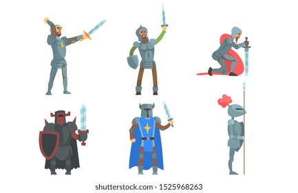 Medieval Knights with Swords Set, Ancient Warriors Historical Characters in Armour Vector Illustration