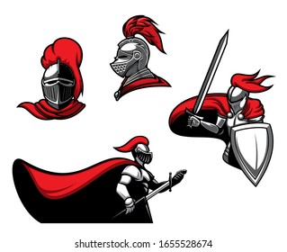 Medieval Knights With Swords, Vector Heraldic Icons. Roman Warrior Or Guard With Blade In Armour With Red Cape. Heraldry Symbols Of Royal Knight In Helmet With Red Plumage