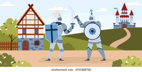 Medieval knights tournament horizontal background, flat vector illustration.