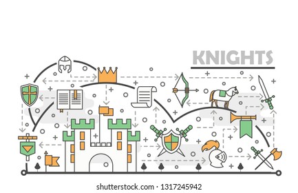 Medieval knights vector poster banner template. Middle ages warrior knight clothing, armor and weapons, horse, castle etc. Thin line art flat icons for web, printed materials.