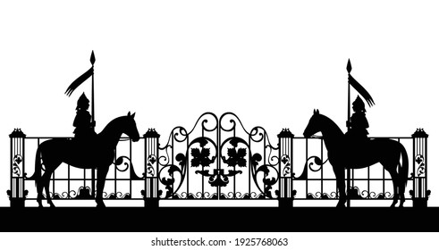 medieval knights watching the closed gate and fence - black and white vector silhouette design of fairy tale horse guards