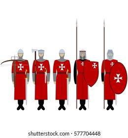 Medieval knights, weapons, uniforms and jousting signs and symbols. The illustration on a white background.