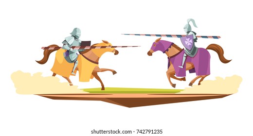 Medieval Knits Tournament Cartoon Composition With 2 Horsemen In Suits Of Armor In Jousting Contest Vector Illustration 