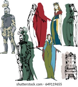 Medieval ladies and knights, throne . Ink color illustration.. Hand drawing vector illustration with silhouette.