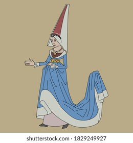 Medieval lady in long dress with train and high headgear. Gothic young woman.