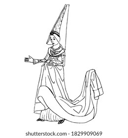 Medieval lady in long dress with train and high headgear. Gothic young woman. Hand drawn linear doodle ink sketch. Black silhouette on white background.