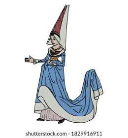Medieval lady in long dress with train and high headgear. Gothic young woman. Hand drawn sketch.
