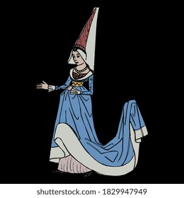 Medieval lady in long dress with train and high headgear. Gothic young woman. Hand drawn sketch.