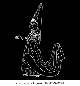 Medieval lady in long dress with train and high headgear. Gothic young woman. Hand drawn linear doodle sketch. White silhouette on black background.