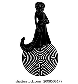 Medieval lady standing on round spiral maze or labyrinth symbol. Creative concept. Mystery of a woman. Black and white silhouette.