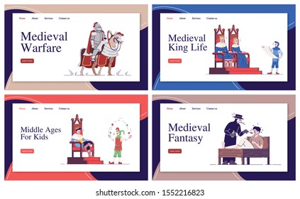 Medieval landing page vector template set. Middle Ages life website interface ideas with flat illustrations. Dark Age history homepage layout pack. Web banner, webpage cartoon concept