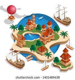 The medieval landscape of the islands. Isometric. Vector illustration.