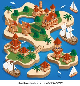 A paisagem medieval das ilhas. Isométrica. Ilustração vetorial.