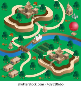 The medieval landscape. Isometric. Vector illustration.