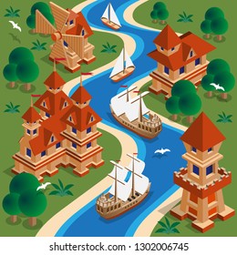 Medieval landscape. Isometry. Vector illustration.