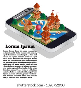 Medieval landscape with the river in the form of a mobile application. Isometry. Vector illustration.