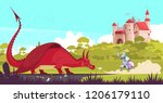 Medieval legendary knight warrior fighting fierce dragon near castle to save princess fair tale cartoon vector illustration