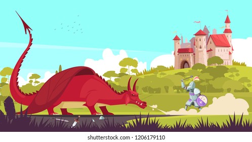 Medieval Legendary Knight Warrior Fighting Fierce Dragon Near Castle To Save Princess Fair Tale Cartoon Vector Illustration