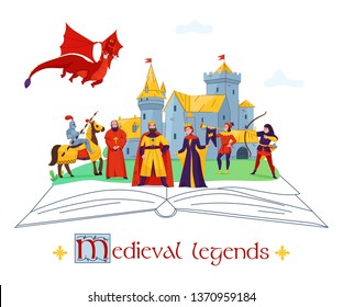 Medieval legends stories tales concept flat colorful composition with castle  kingdom characters on open book vector illustration