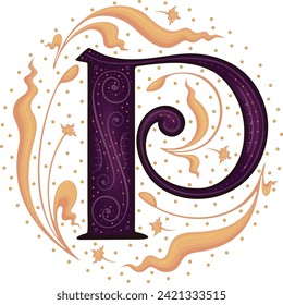 Medieval letter P .Font .Alphabet . Typeface . Ancient book miniature .