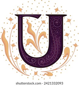 Medieval letter U .Font .Alphabet . Typeface . Ancient book miniature .