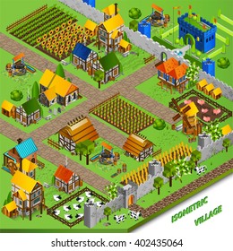 Medieval life background with castle cattle mill and harvest isometric vector illustration