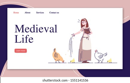 Medieval life landing page vector template. Middle Ages agriculture website interface idea with flat illustrations. Ancient fowl breeding record homepage layout. Web banner, webpage cartoon concept