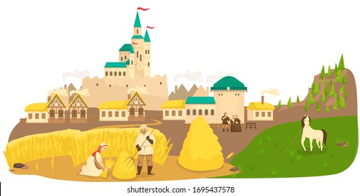 Medieval life peasants working in field, horse, castle and old european buildings landscape cartoon vector illustration. Historic life of medieval people, poor villagers and farmers labor.