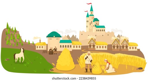 Medieval life peasants working in field, horse, castle and old european buildings landscape cartoon vector illustration.