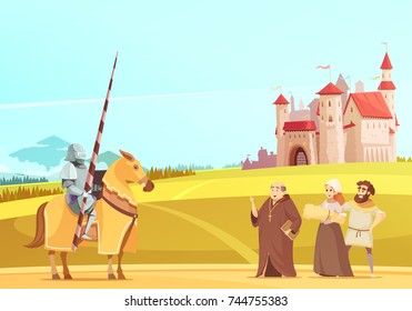 Medieval life scene with horseman in full body armor suit and castle on background cartoon vector illustration 