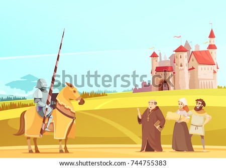 Medieval life scene with horseman in full body armor suit and castle on background cartoon vector illustration 