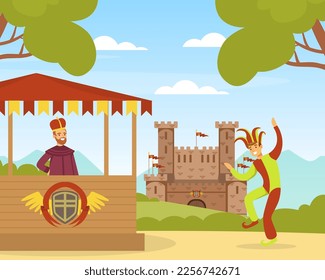 Medieval Life Scene with Man King Watching Jester Performance Vector Illustration