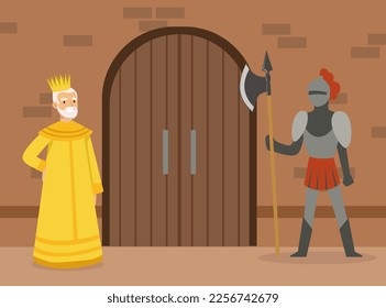 Medieval Life Scene with Man King from Middle Ages Wearing Crown Standing Near Castle Gate Vector Illustration