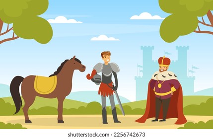 Medieval Life Scene with Man Knight from Middle Ages in Iron Armour Suit and King in Mantle and Crown Vector Illustration