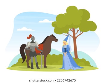 Medieval Life Scene with Man Knight from Middle Ages in Iron Armour Suit and Noble Court Lady Vector Illustration