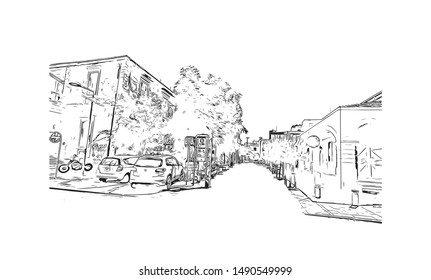 The medieval Limassol Castle is situated near the old harbour in the heart of the historical centre of the city of Limassol.  Hand drawn sketch illustration in vector.