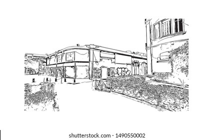 The medieval Limassol Castle is situated near the old harbour in the heart of the historical centre of the city of Limassol.  Hand drawn sketch illustration in vector.