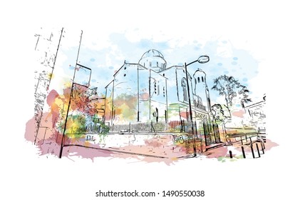 The medieval Limassol Castle is situated near the old harbour in the heart of the historical centre of the city of Limassol.  Watercolor splash with Hand drawn sketch illustration in vector.