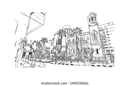 The medieval Limassol Castle is situated near the old harbour in the heart of the historical centre of the city of Limassol.  Hand drawn sketch illustration in vector.