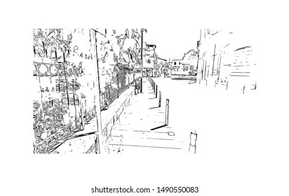 The medieval Limassol Castle is situated near the old harbour in the heart of the historical centre of the city of Limassol.  Hand drawn sketch illustration in vector.